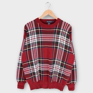 Nautica Vintage Plaid Knit Sweater Mens Large Red Green Cotton Crewneck